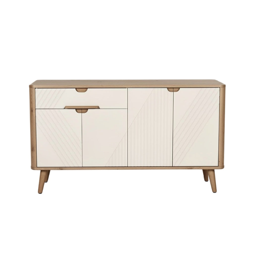 Buffet en bois avec finitions blanches et motifs géométriques