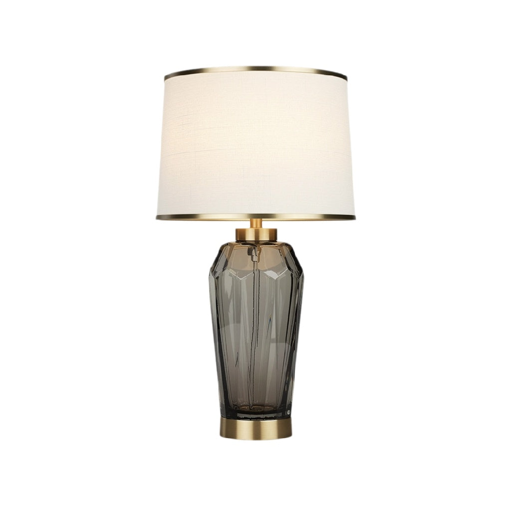 Lampe de table moderne en verre fumé avec abat-jour en tissu blanc et finition dorée