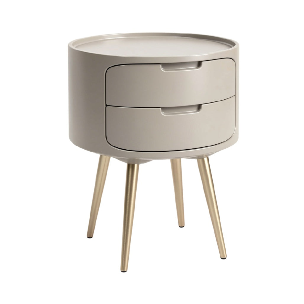 Table de chevet moderne avec deux tiroirs, finition beige et pieds en métal doré