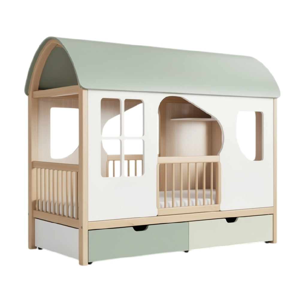 Lit enfant en bois avec structure de maison et espaces de rangement intégrés